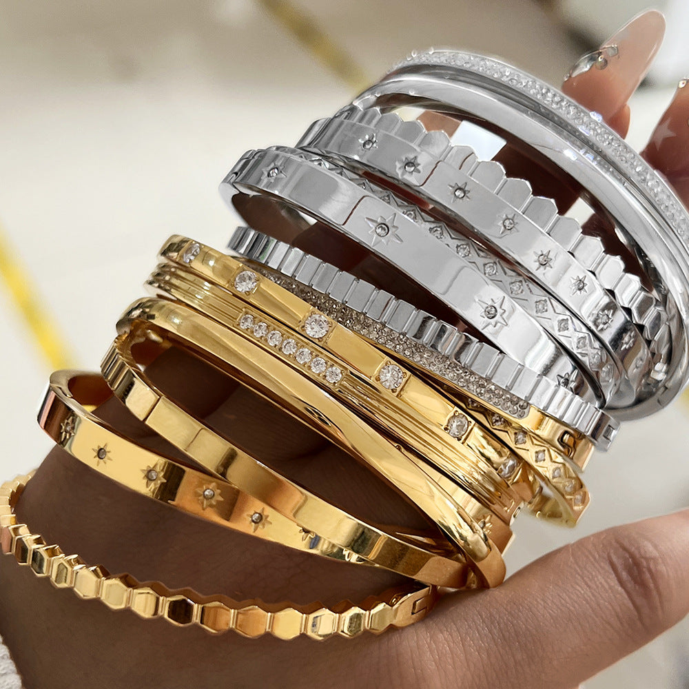 Simply Gorge Stainless Steel 16K Gold Plated White Gold-Plated Zircon Bangles