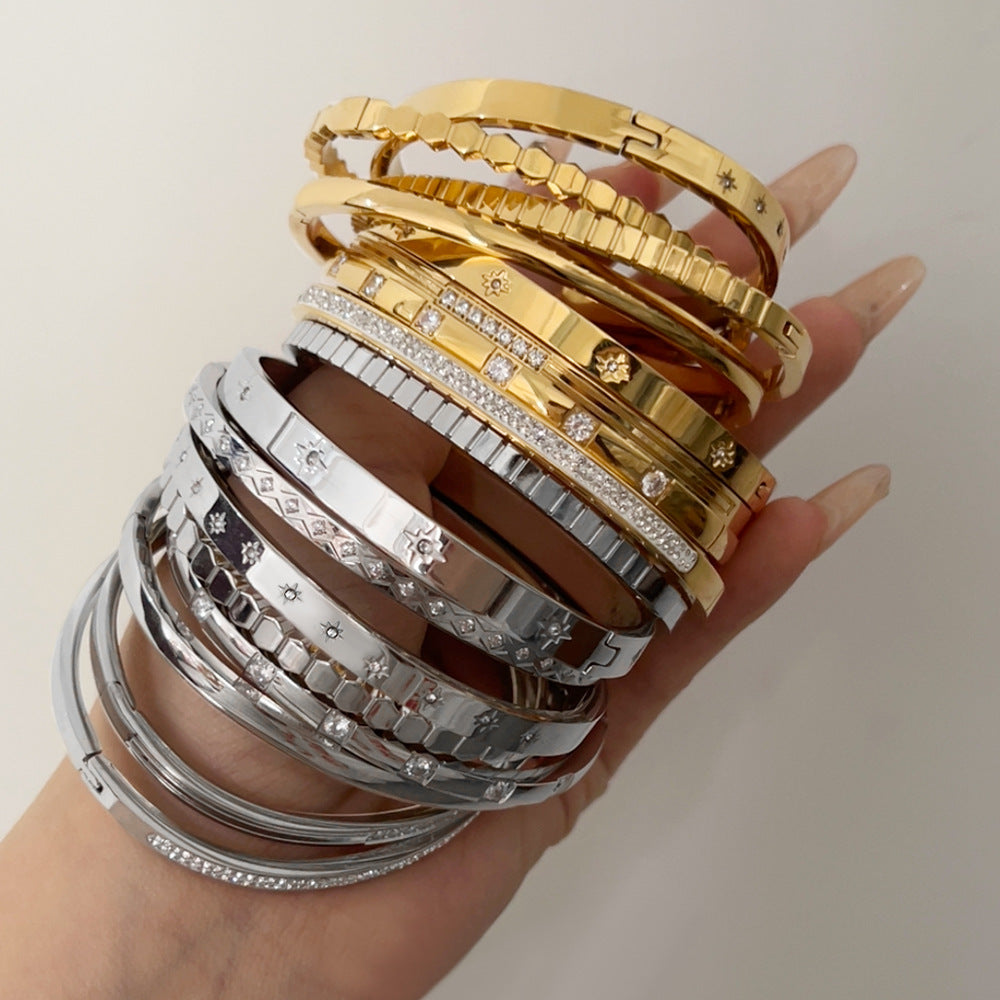 Simply Gorge Stainless Steel 16K Gold Plated White Gold-Plated Zircon Bangles