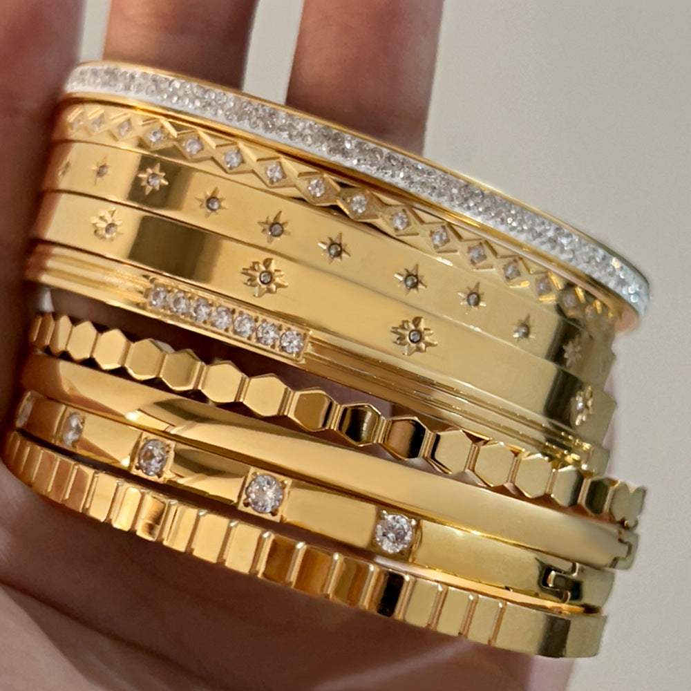 Simply Gorge Stainless Steel 16K Gold Plated White Gold-Plated Zircon Bangles