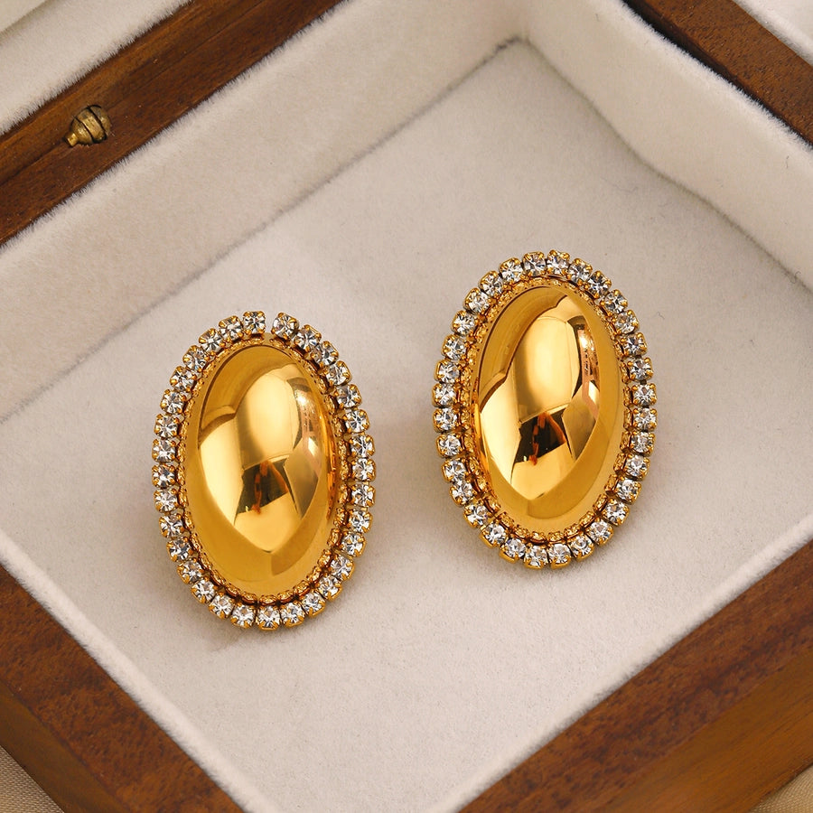 1 Pair Oval of Sparkle Stainless Steel Zircon 18K Gold Plated Ear Studs