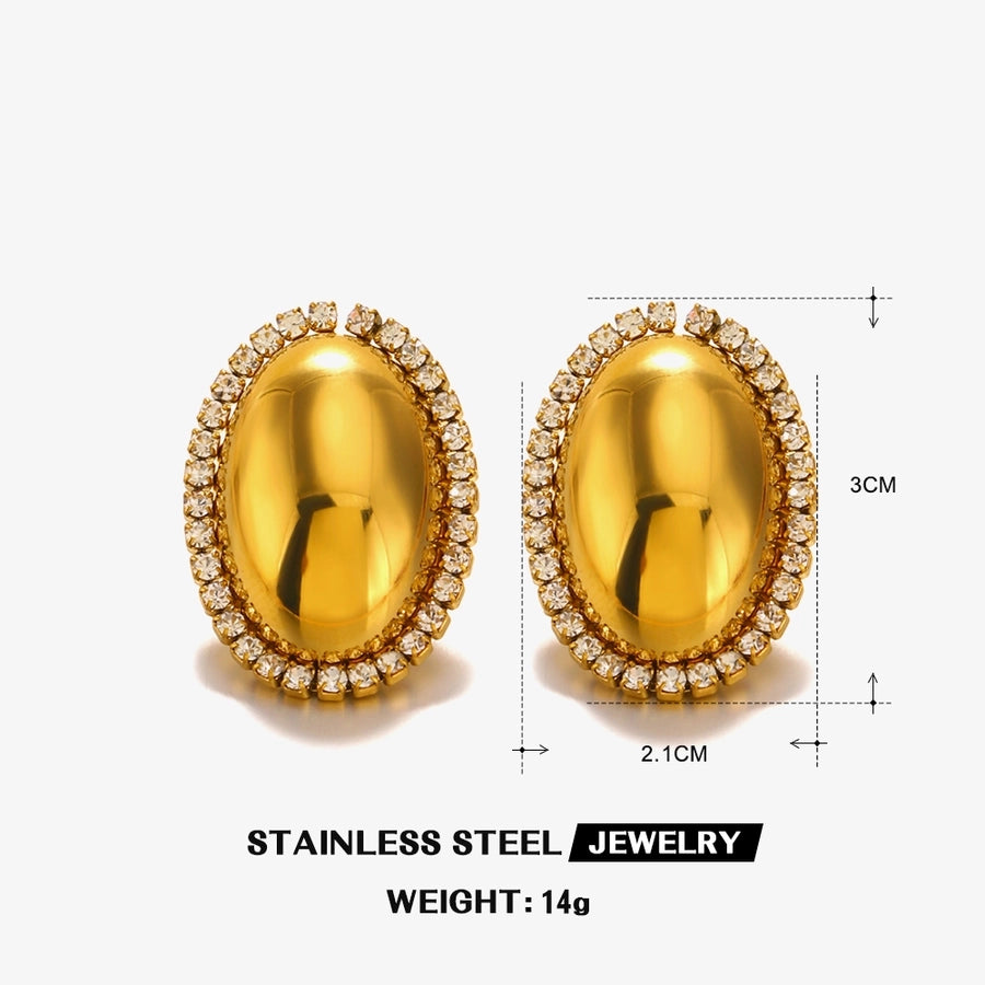 1 Pair Oval of Sparkle Stainless Steel Zircon 18K Gold Plated Ear Studs