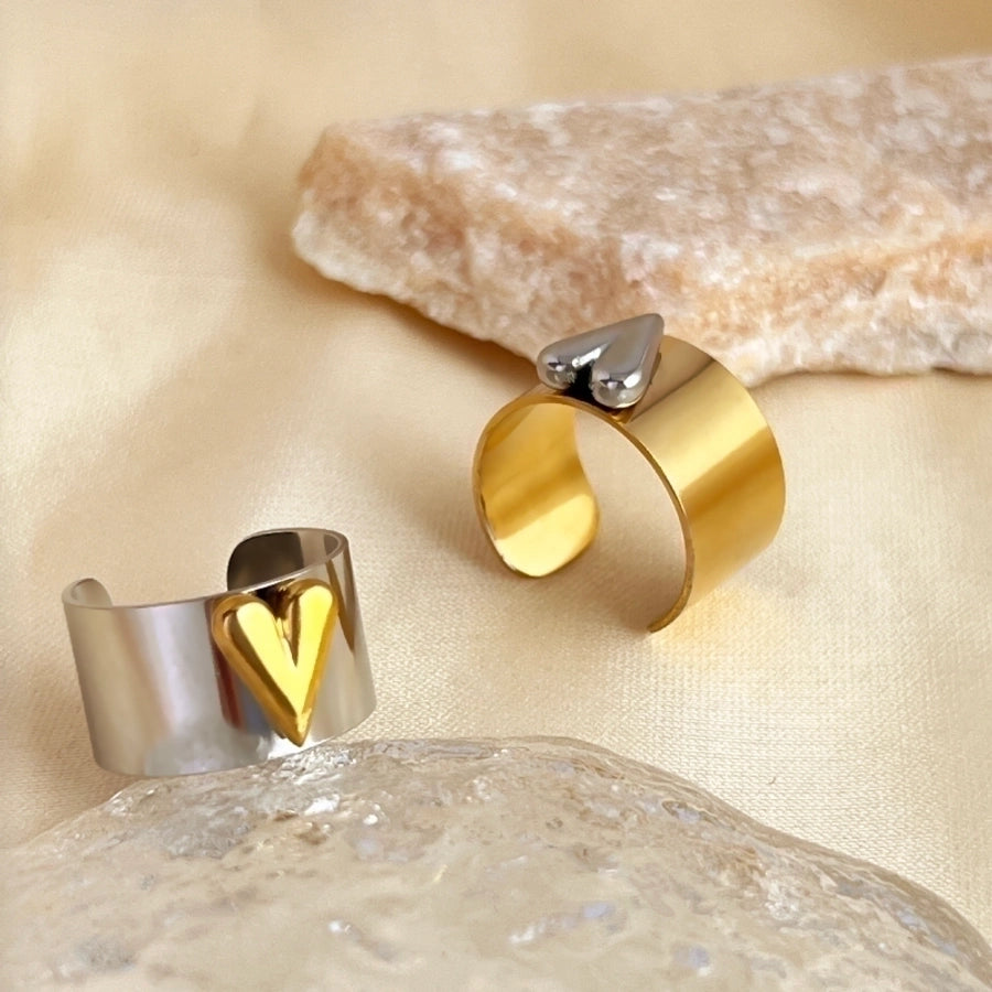 Two Tone Adjustable Heart Ring Stainless Steel 18K Gold Plated