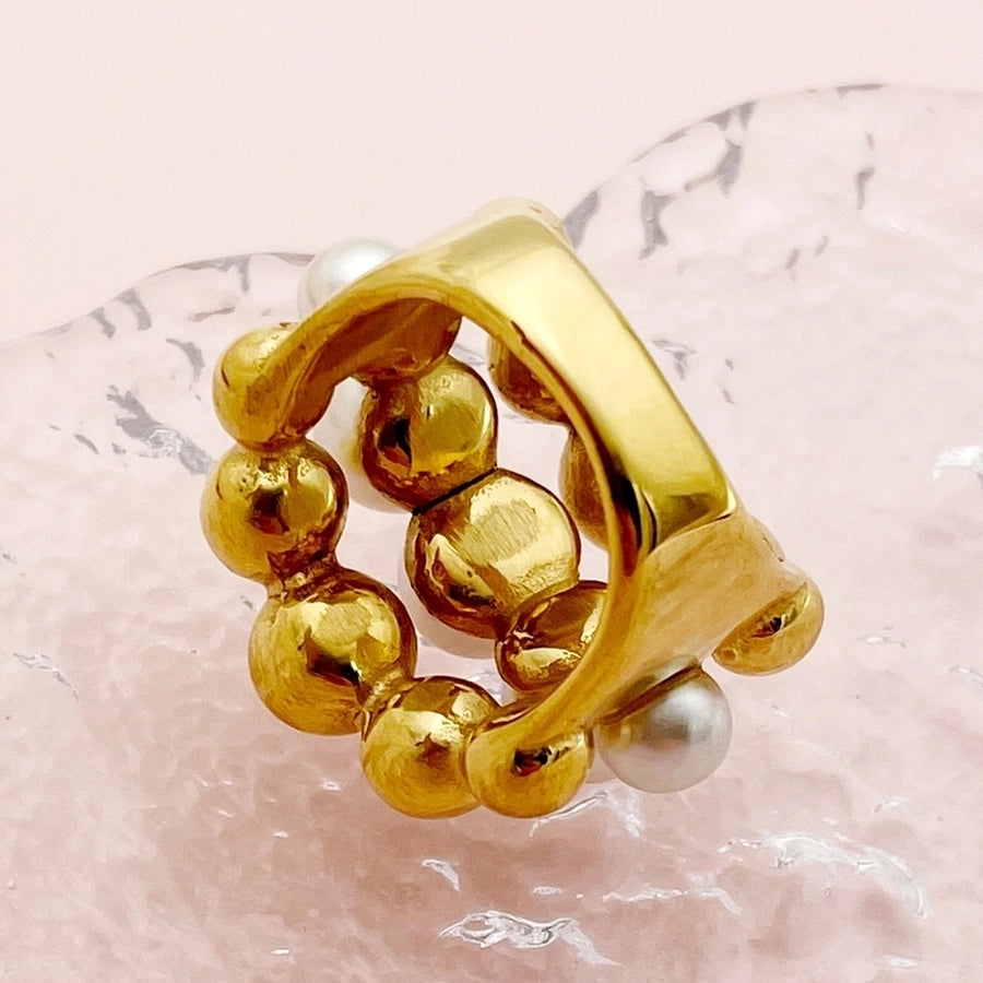 Triple Row Ring Stainless Steel Pearl 14K Gold Plated