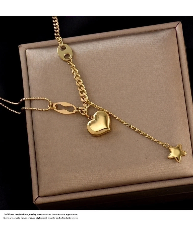 Heart Star Dangle Stainless Steel 18K Gold Plated Necklace