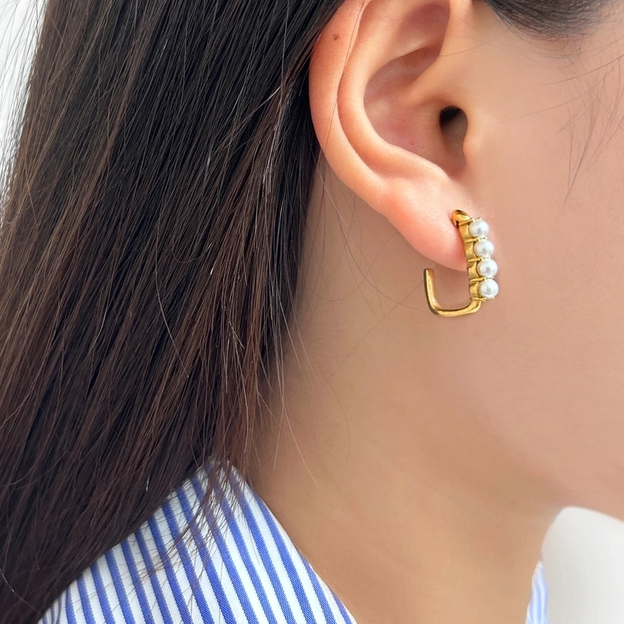 1 Pair Pearly Girlie Stainless Steel Glass Pearl 18K Gold Plated