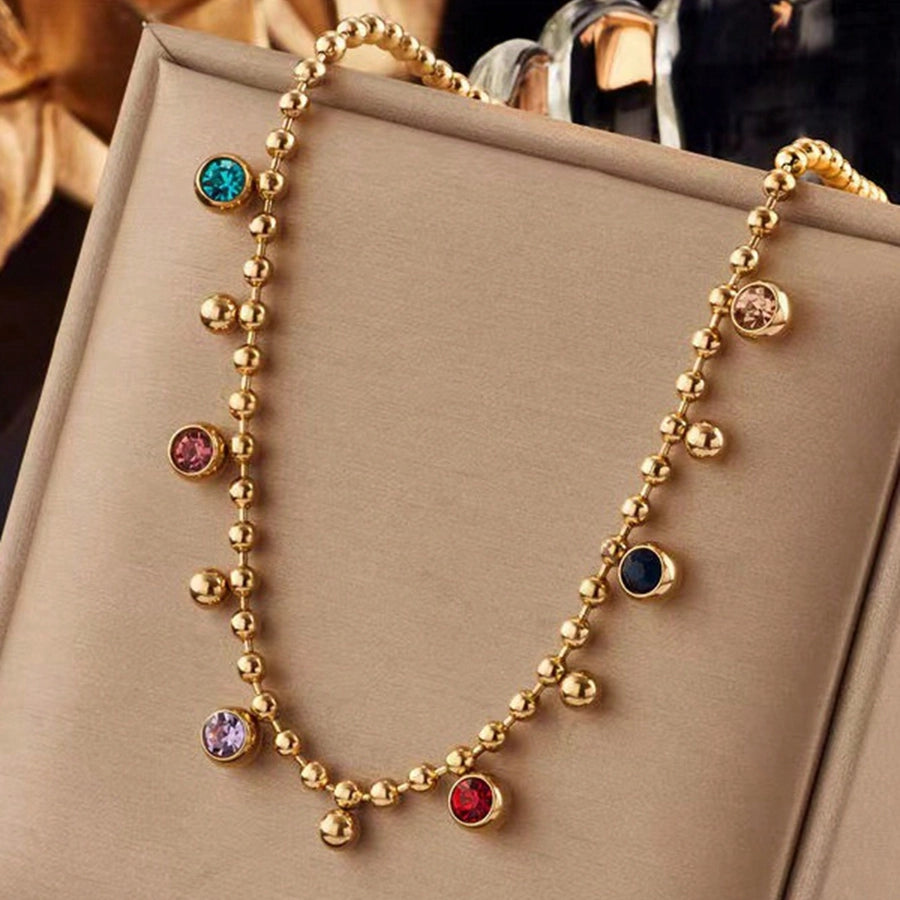 Colorful Rhinestone Beaded Necklace, Stainless Steel 18K Gold Plated