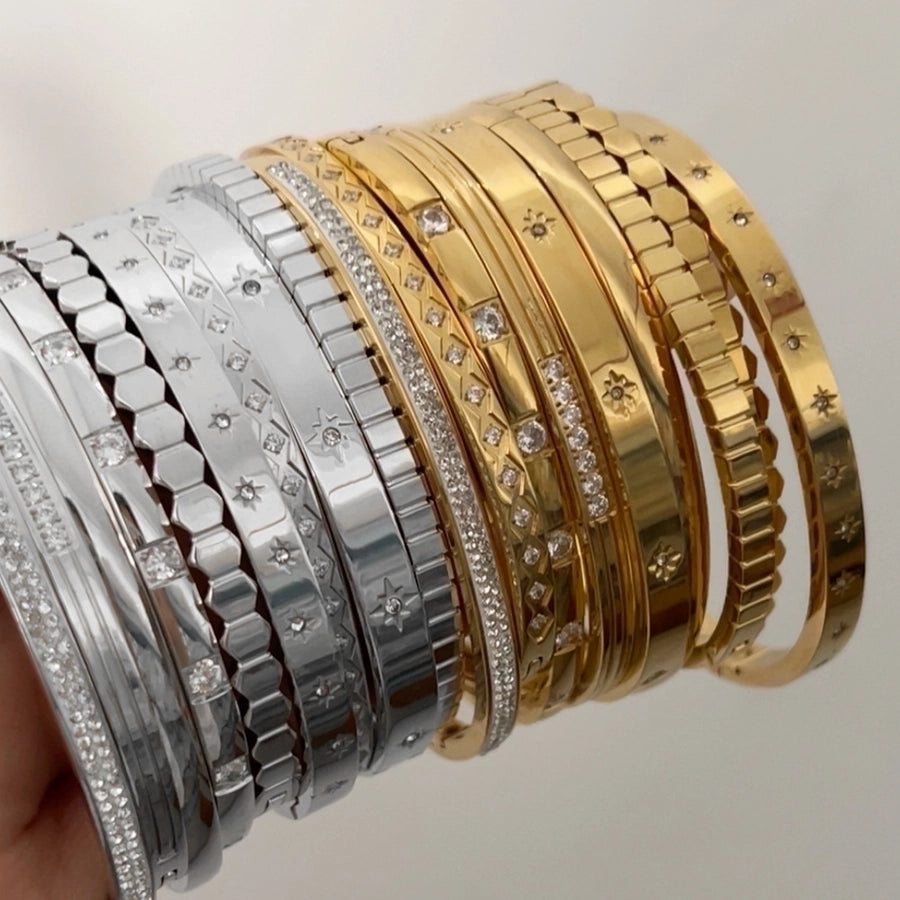 Simply Gorge Stainless Steel 16K Gold Plated White Gold-Plated Zircon Bangles