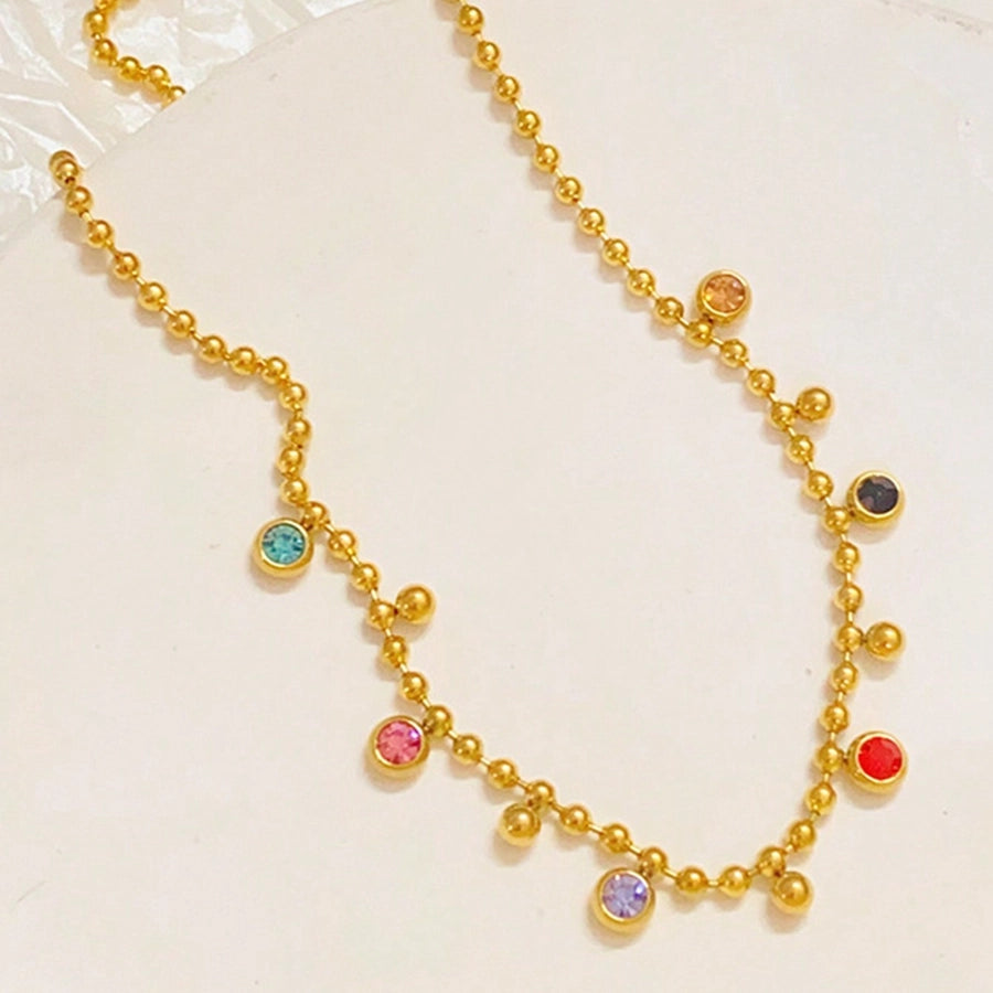 Colorful Rhinestone Beaded Necklace, Stainless Steel 18K Gold Plated