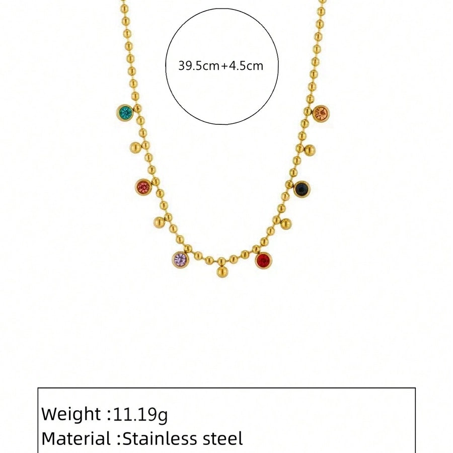 Colorful Rhinestone Beaded Necklace, Stainless Steel 18K Gold Plated