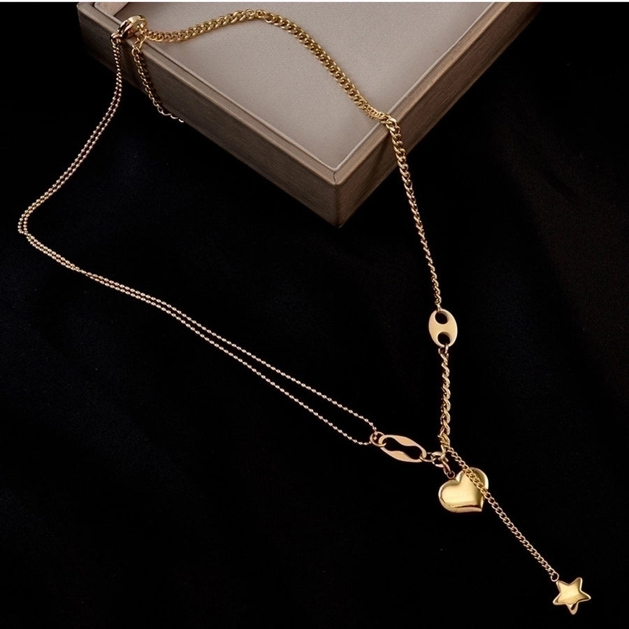 Heart Star Dangle Stainless Steel 18K Gold Plated Necklace