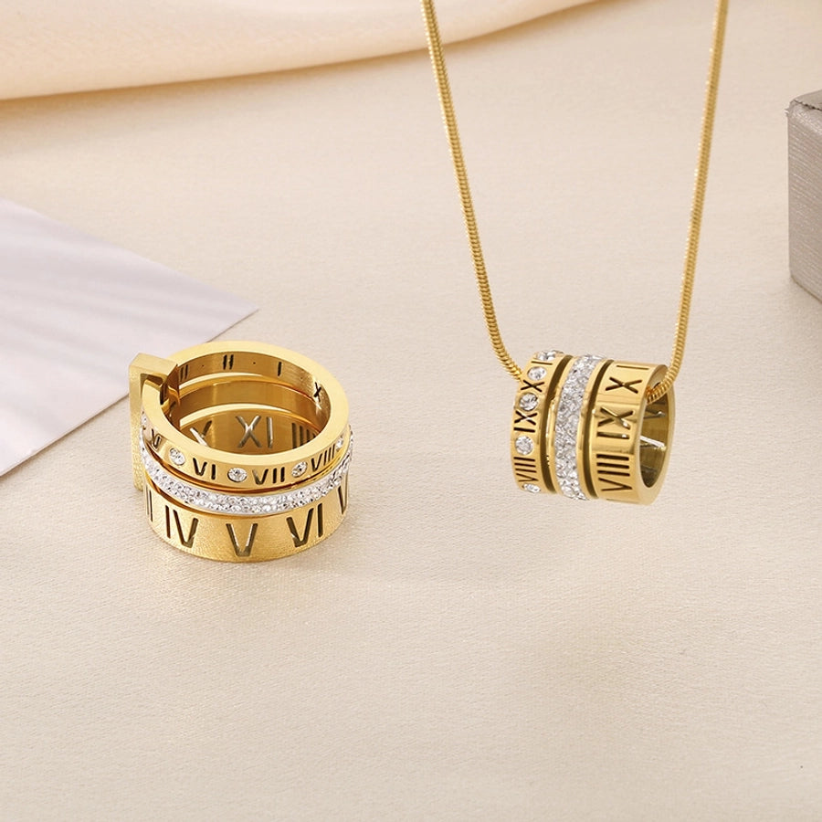 Vintage Roman Numeral Stainless Steel 18K Gold Plated Necklace