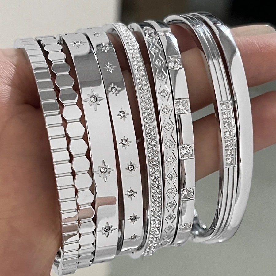 Simply Gorge Stainless Steel 16K Gold Plated White Gold-Plated Zircon Bangles