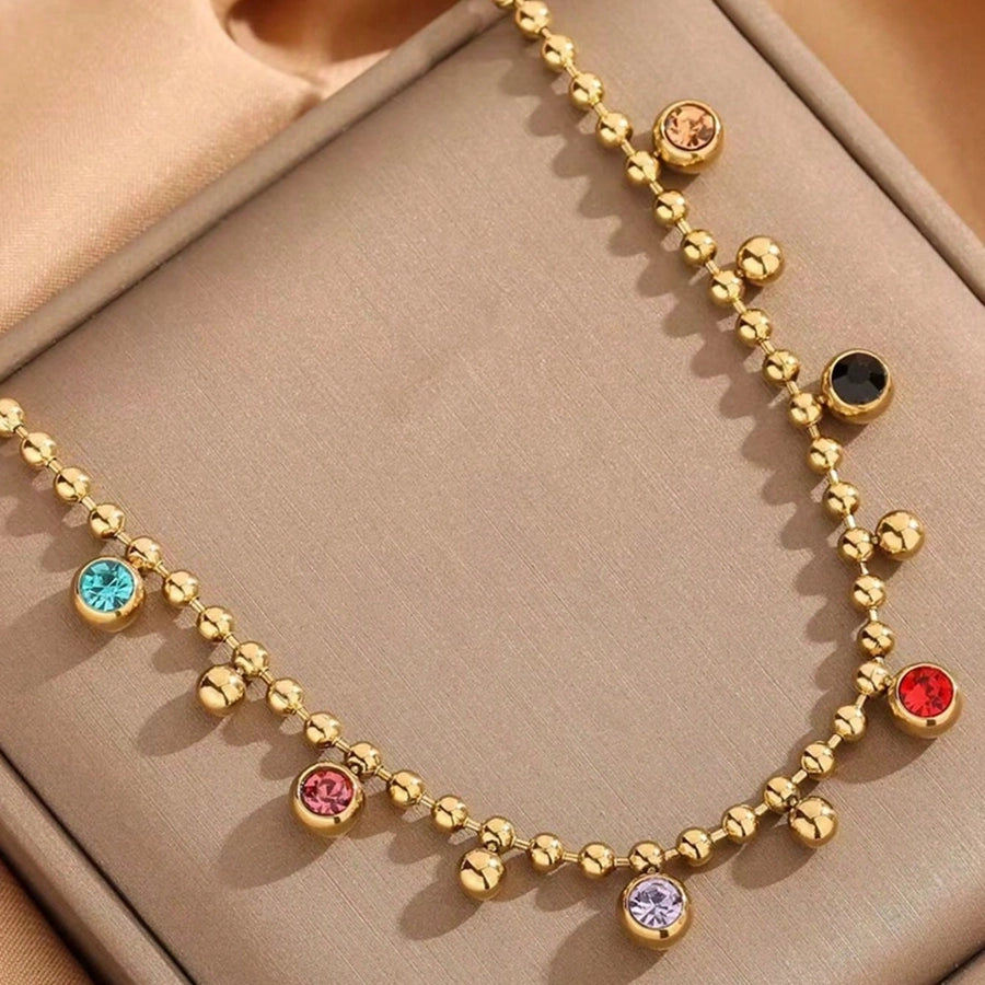 Colorful Rhinestone Beaded Necklace, Stainless Steel 18K Gold Plated