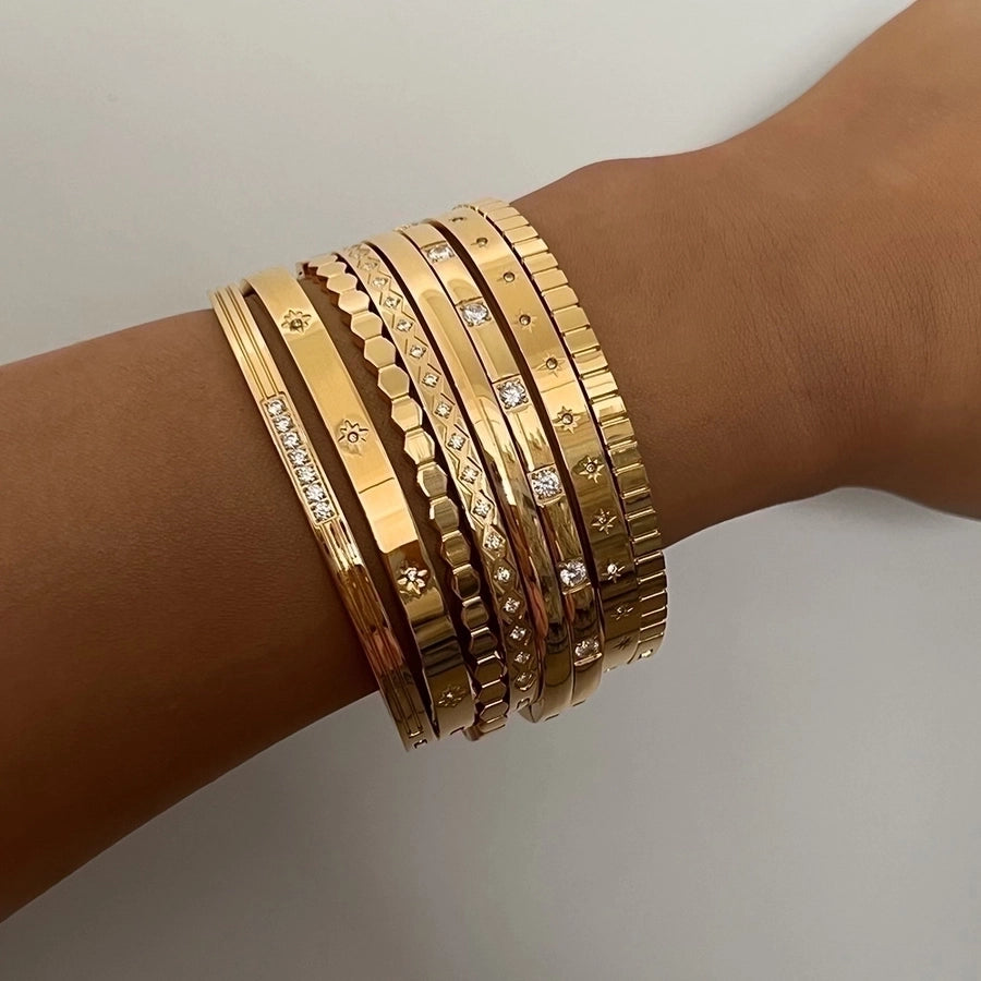 Simply Gorge Stainless Steel 16K Gold Plated White Gold-Plated Zircon Bangles