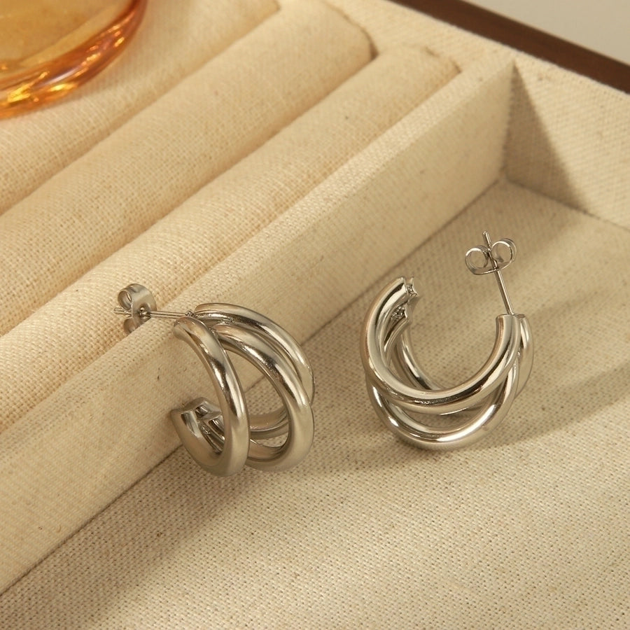1 Pair Triple C Shape, Stainless Steel, 18K Gold Plated Ear Studs