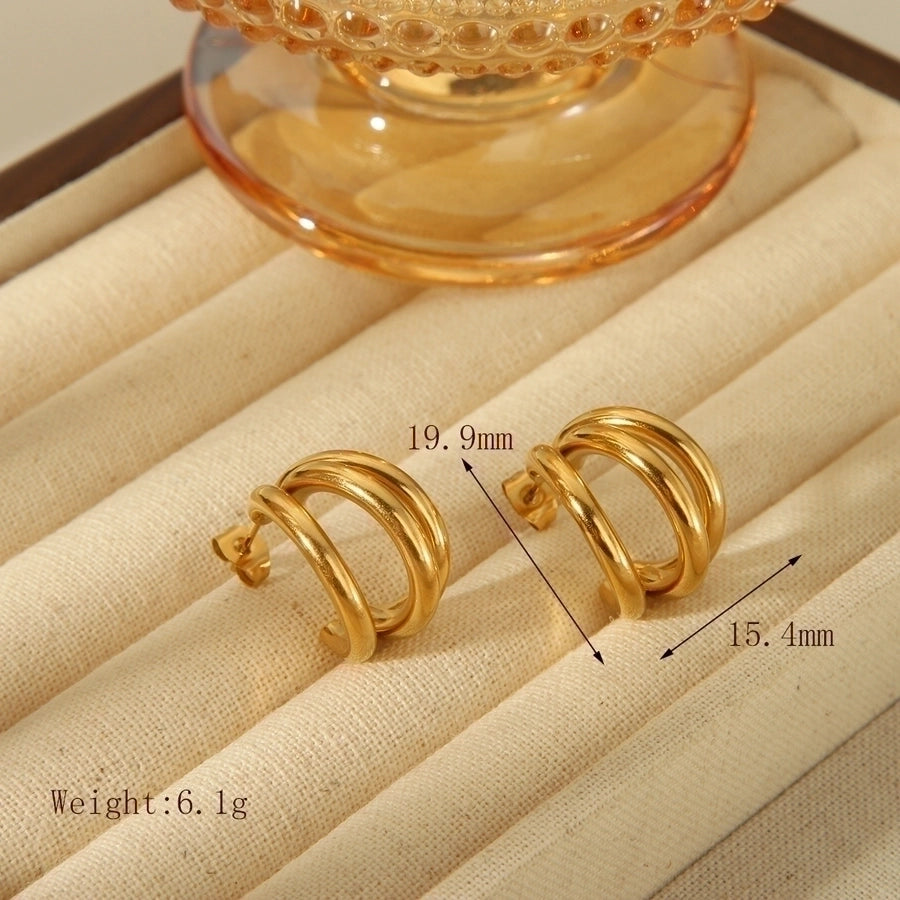 1 Pair Triple C Shape, Stainless Steel, 18K Gold Plated Ear Studs