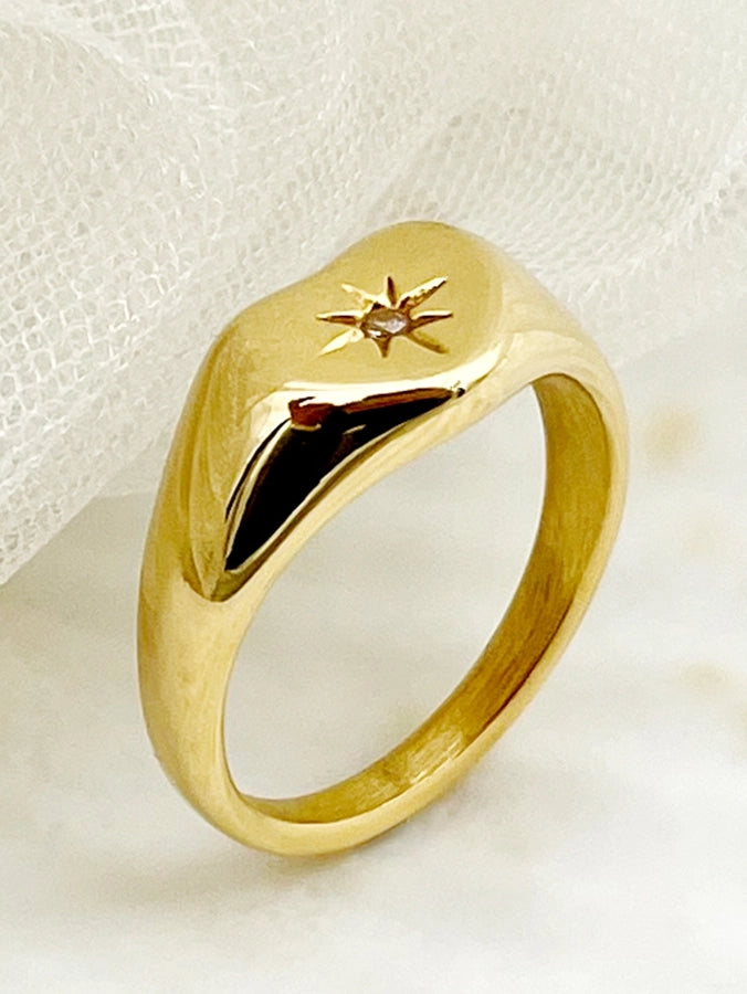 Shining Star Stainless Steel Zircon 14K Gold Plated Ring