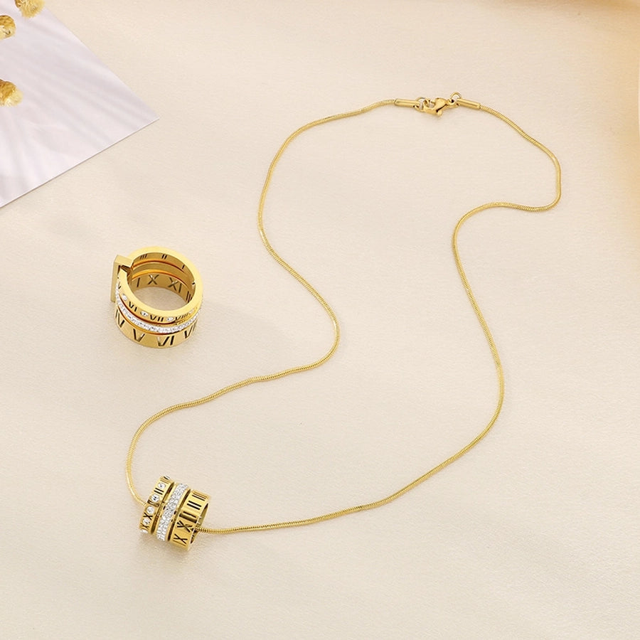 Vintage Roman Numeral Stainless Steel 18K Gold Plated Necklace