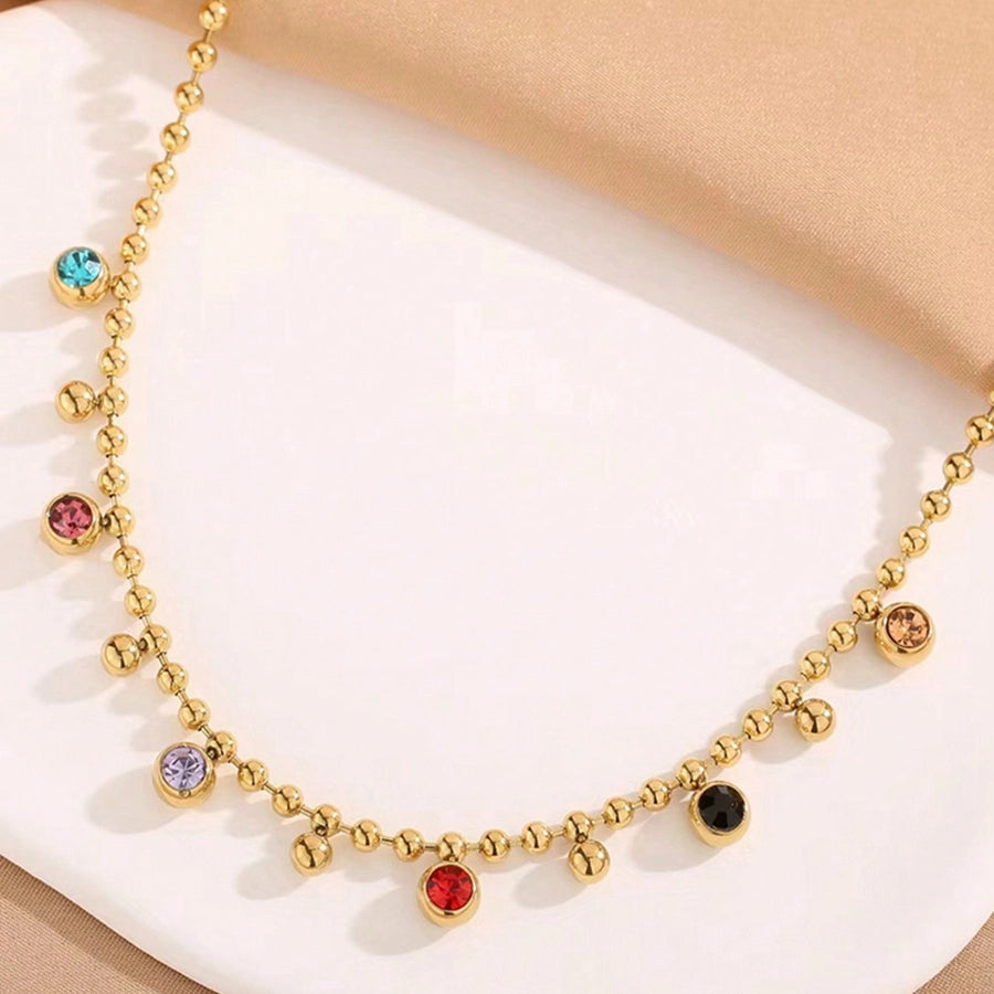 Colorful Rhinestone Beaded Necklace, Stainless Steel 18K Gold Plated