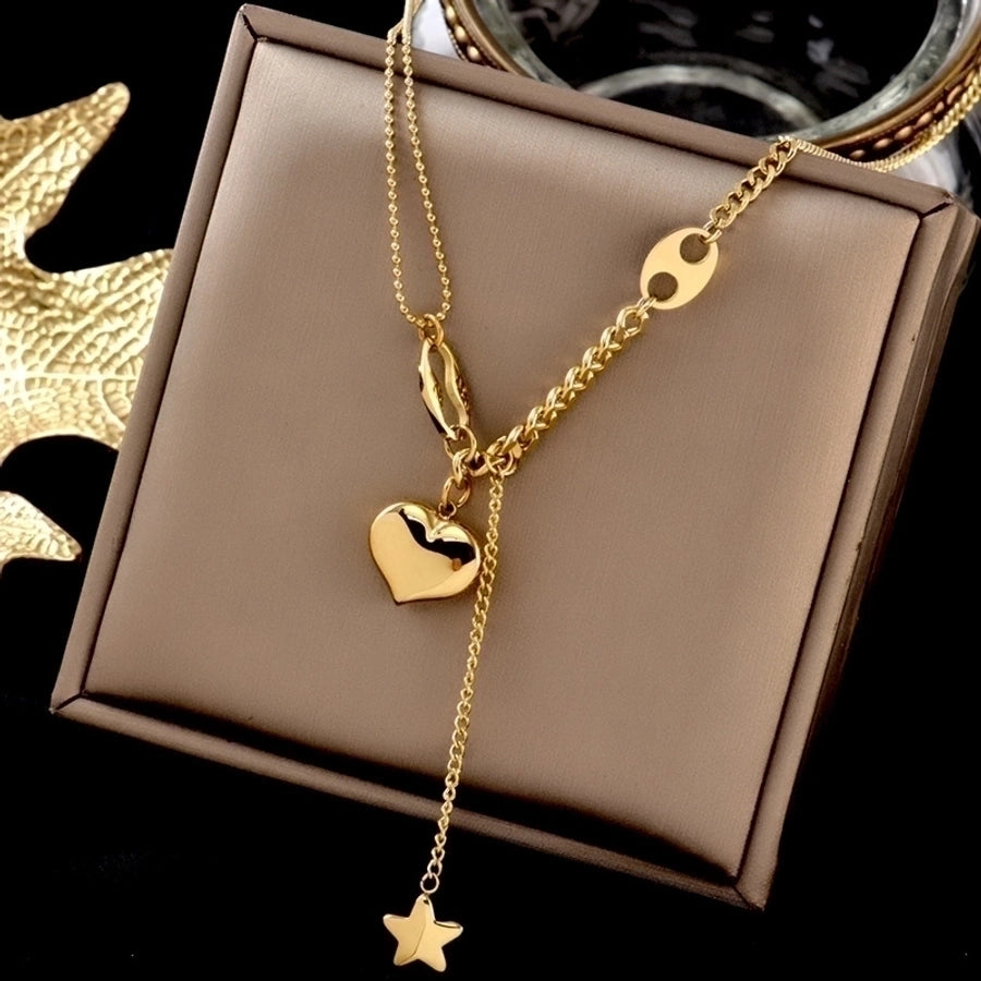 Heart Star Dangle Stainless Steel 18K Gold Plated Necklace