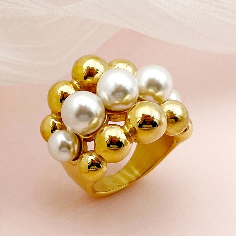 Triple Row Ring Stainless Steel Pearl 14K Gold Plated