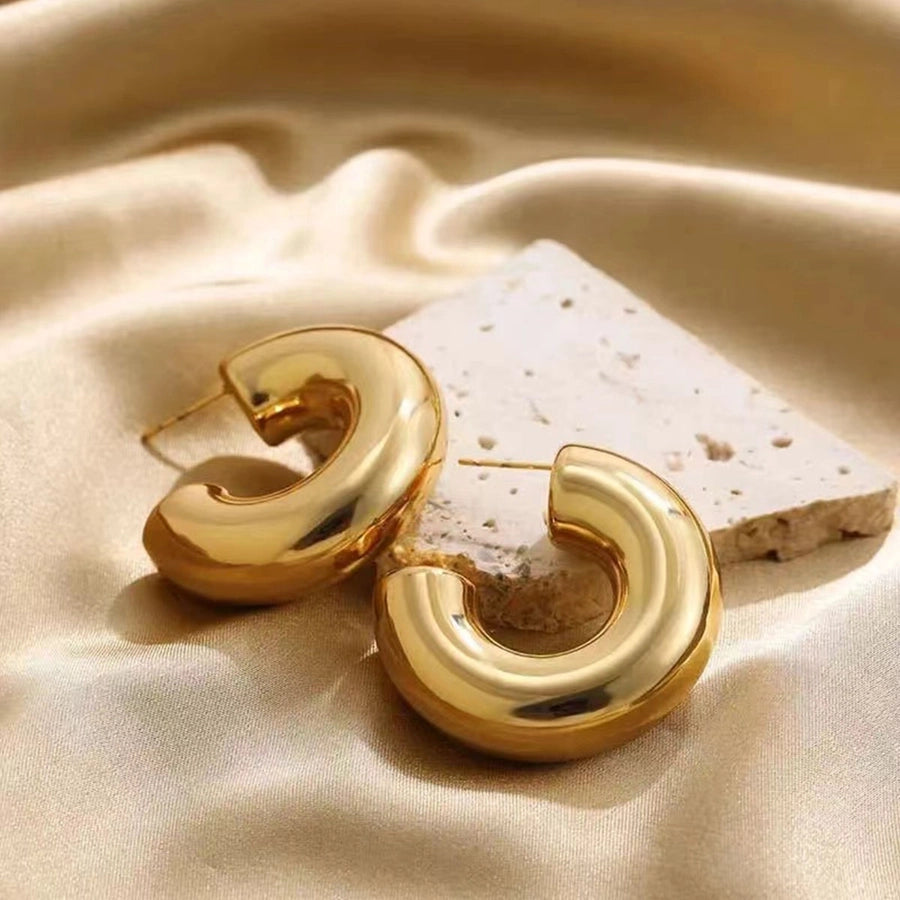 1 Pair Thick-C Shape Earrings, Stainless Steel, 18K Gold Plated