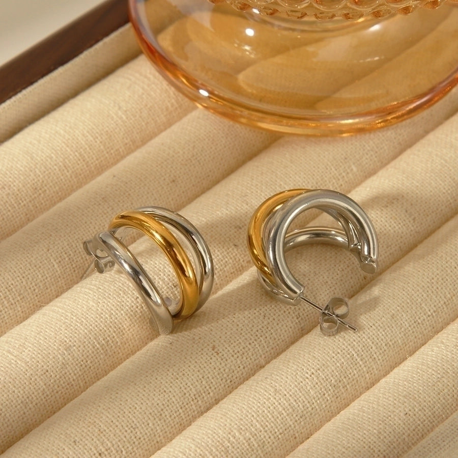 1 Pair Triple C Shape, Stainless Steel, 18K Gold Plated Ear Studs