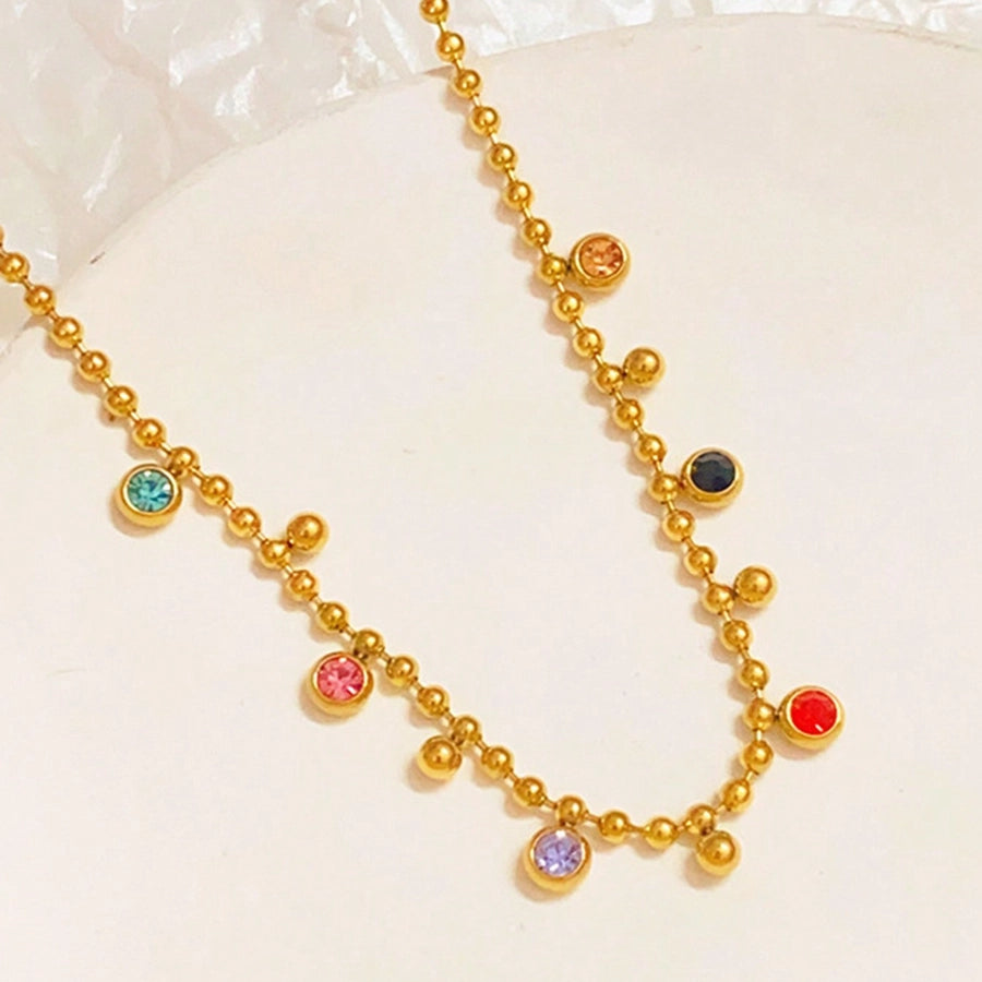Colorful Rhinestone Beaded Necklace, Stainless Steel 18K Gold Plated