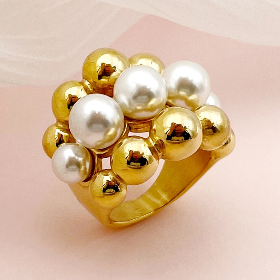 Triple Row Ring Stainless Steel Pearl 14K Gold Plated
