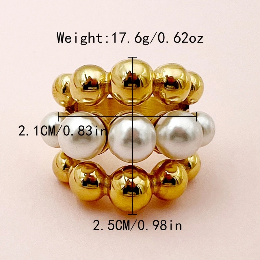 Triple Row Ring Stainless Steel Pearl 14K Gold Plated