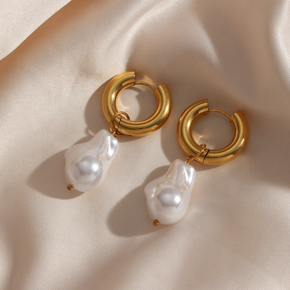 1 Pair Water Pearl Drop Earrings, Stainless Steel Artificial Pearl 18K Gold Plated