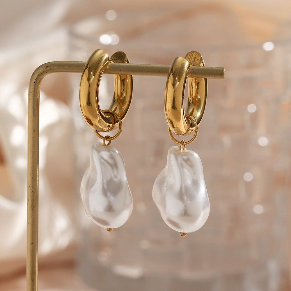 1 Pair Water Pearl Drop Earrings, Stainless Steel Artificial Pearl 18K Gold Plated