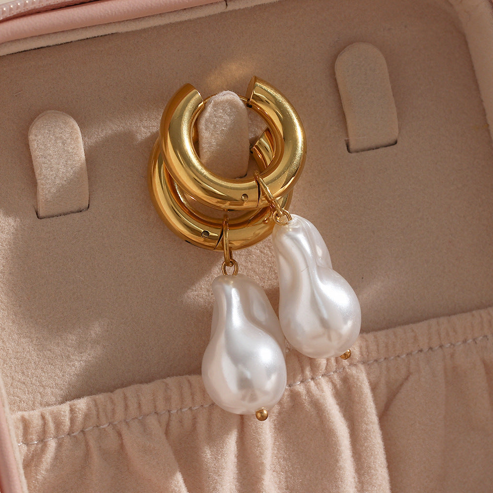 1 Pair Water Pearl Drop Earrings, Stainless Steel Artificial Pearl 18K Gold Plated