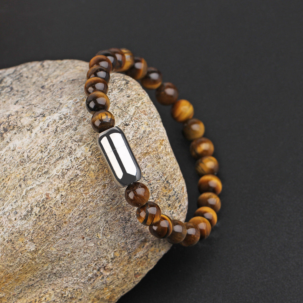 Men's Magnet Round Stainless-Steel Natural Stone Beaded Bracelet