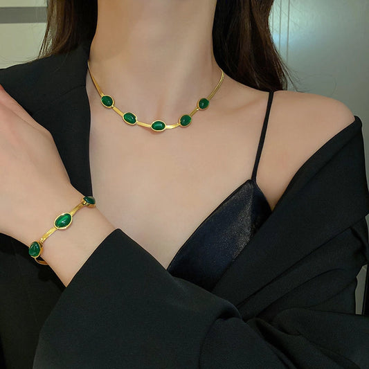 Holiday Green Gemstone Necklace, Bracelet, Earring Set 18k Gold Plated