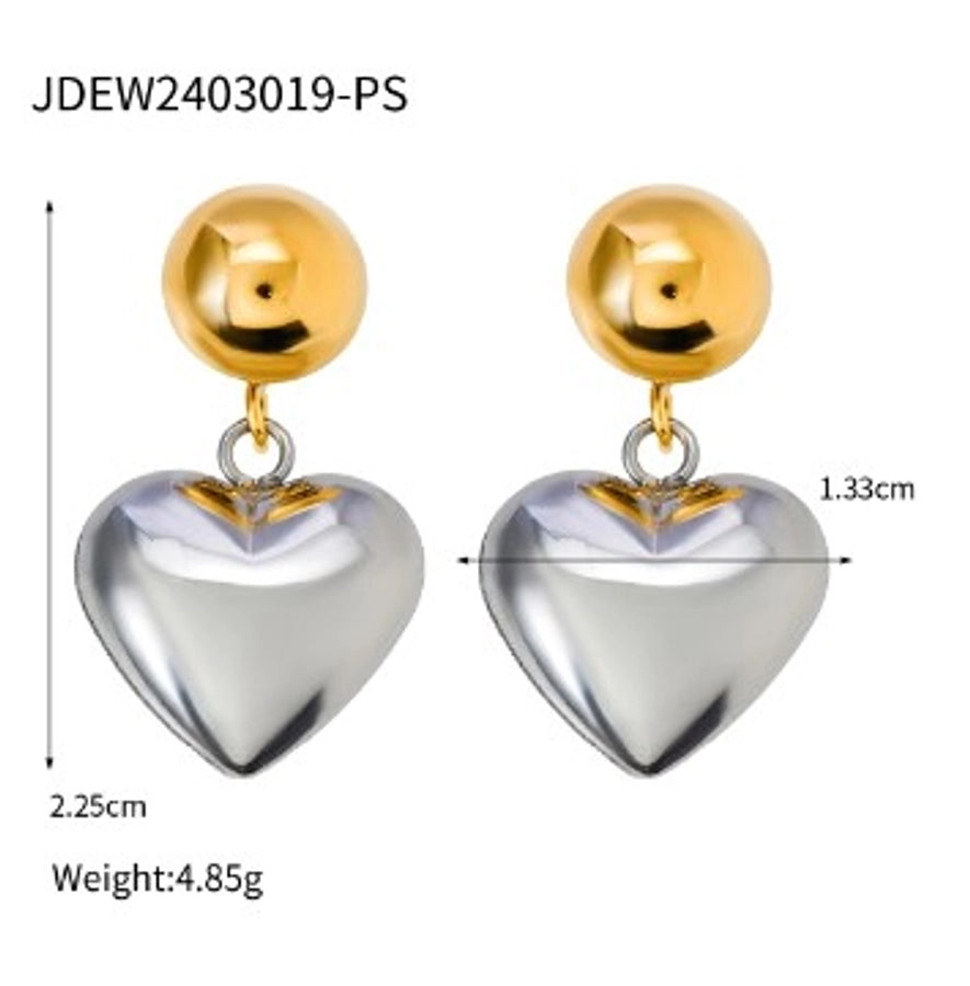 1 Pair Dangle Heart Ball, Stainless Steel 18K Gold Plated Earrings