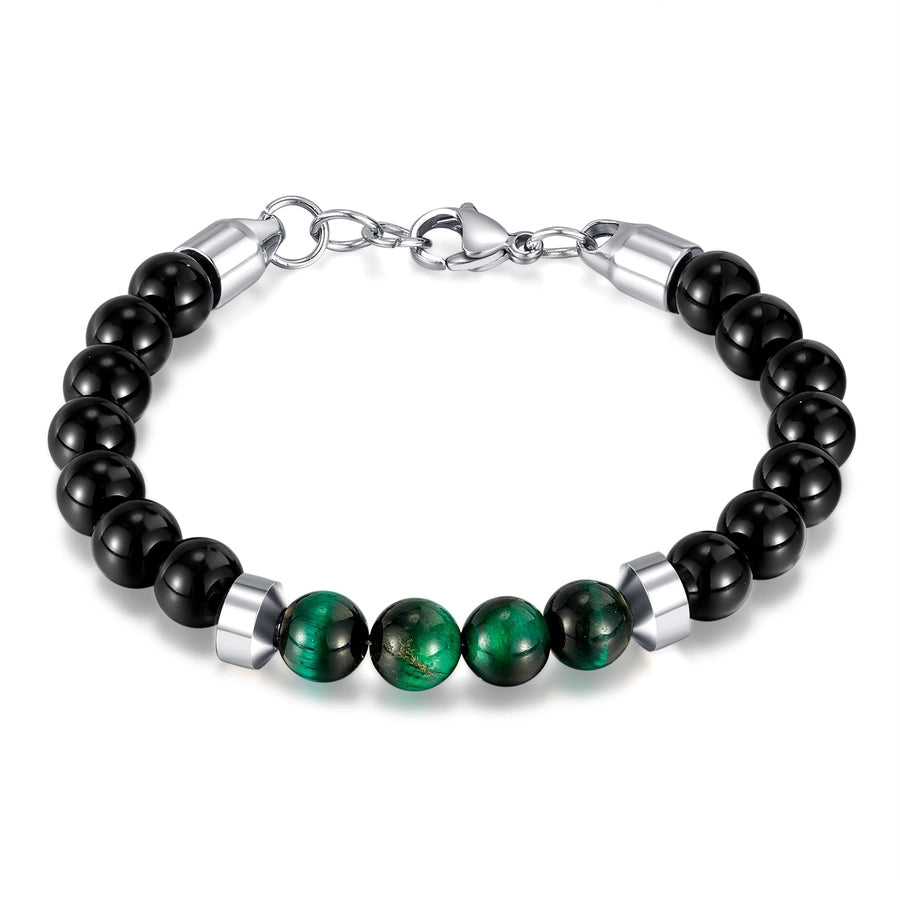 Men's Natural Green/Black Stone Bracelet with Stainless Steel Metal