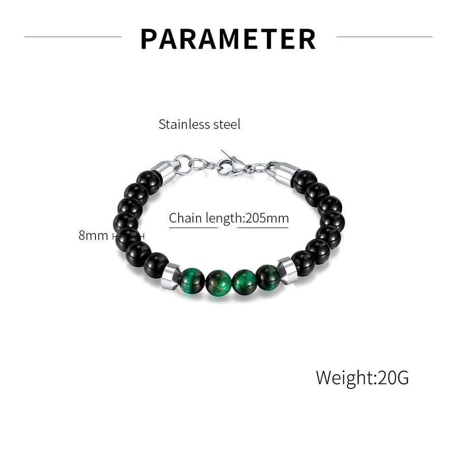 Men's Natural Green/Black Stone Bracelet with Stainless Steel Metal