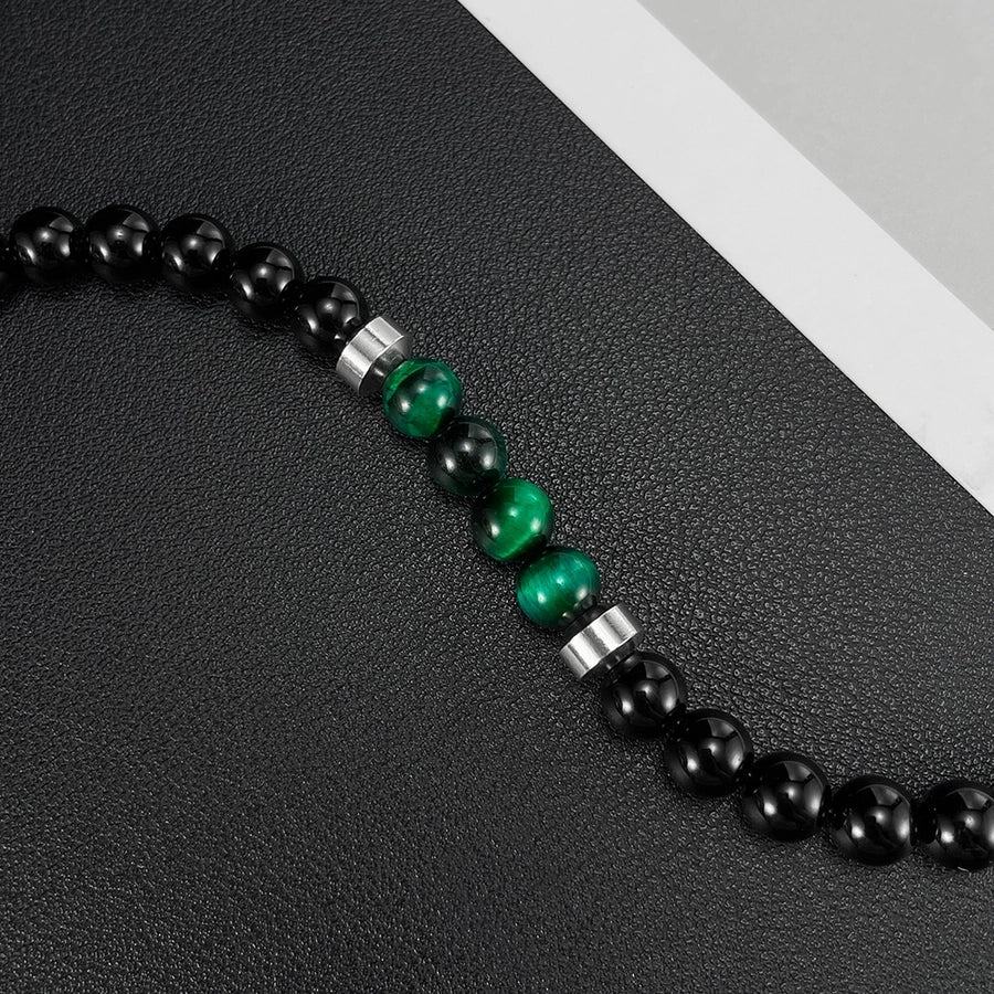 Men's Natural Green/Black Stone Bracelet with Stainless Steel Metal