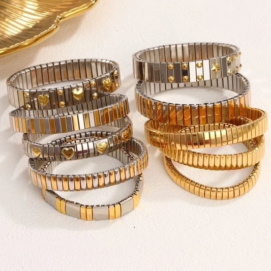 Stackable Stretch Bracelets Stainless Steel, 18K Gold Plated Zircon