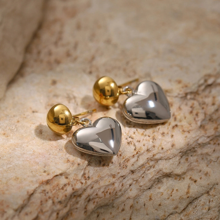 1 Pair Dangle Heart Ball, Stainless Steel 18K Gold Plated Earrings