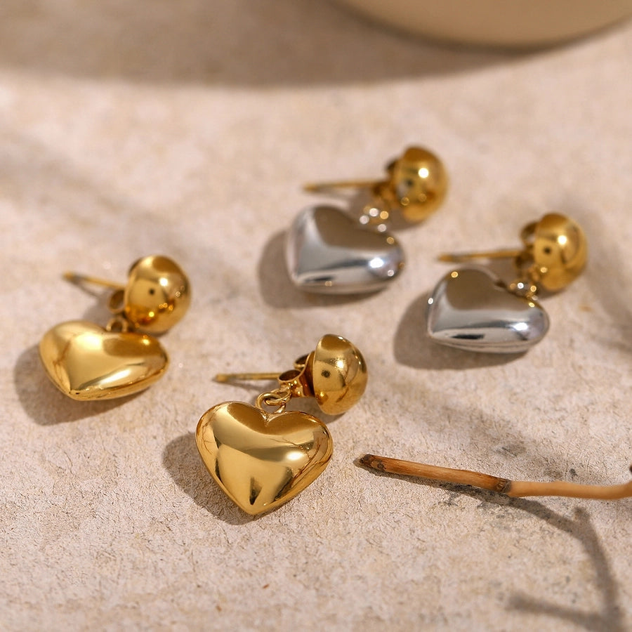 1 Pair Dangle Heart Ball, Stainless Steel 18K Gold Plated Earrings