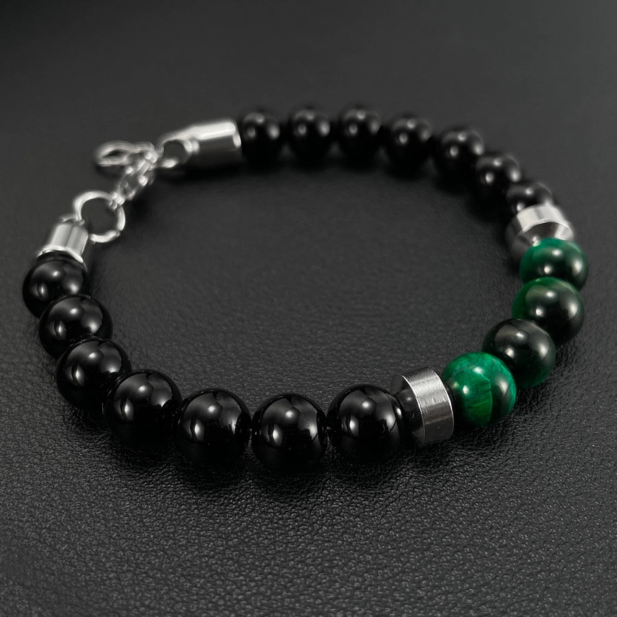 Men's Natural Green/Black Stone Bracelet with Stainless Steel Metal