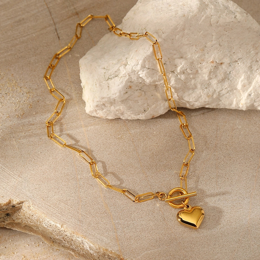 Collier Coeur Trombone Acier Inoxydable Plaqué Or 18 Carats 