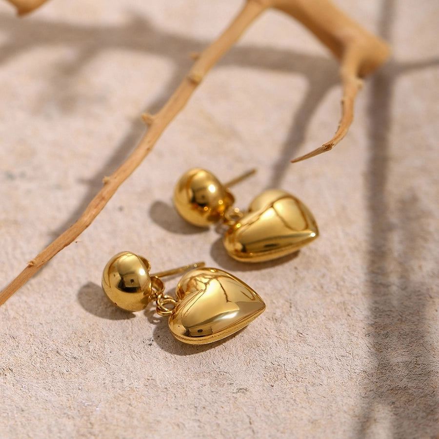 1 Pair Dangle Heart Ball, Stainless Steel 18K Gold Plated Earrings