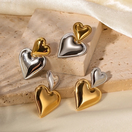 1 Pair Double Heart Stainless Steel Drop Earrings