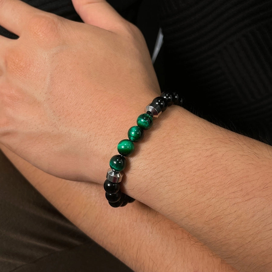 Men's Natural Green/Black Stone Bracelet with Stainless Steel Metal