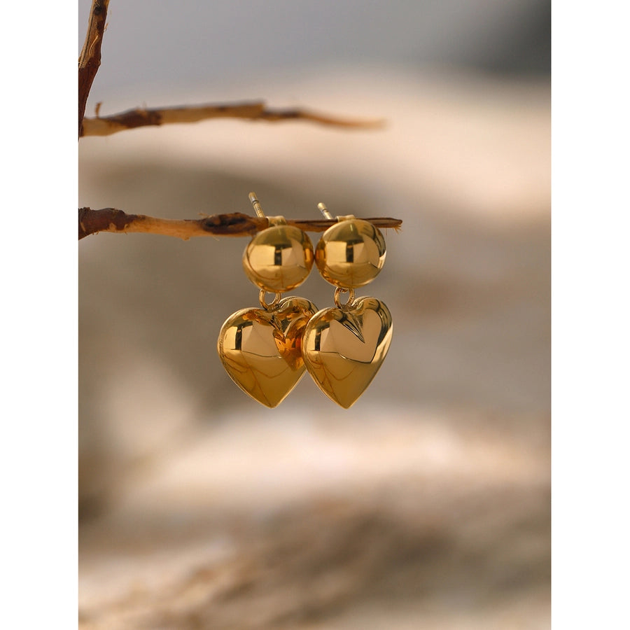 1 Pair Dangle Heart Ball, Stainless Steel 18K Gold Plated Earrings