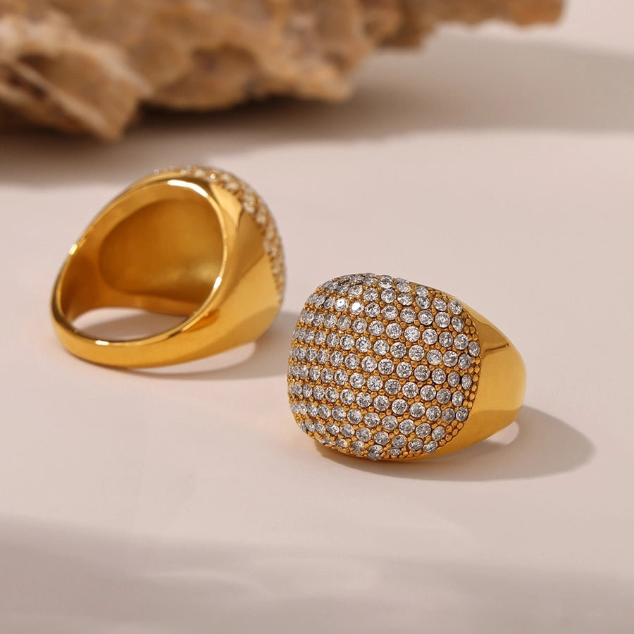 Dome Titanium Steel Zircon Ring - 18K Gold Plated