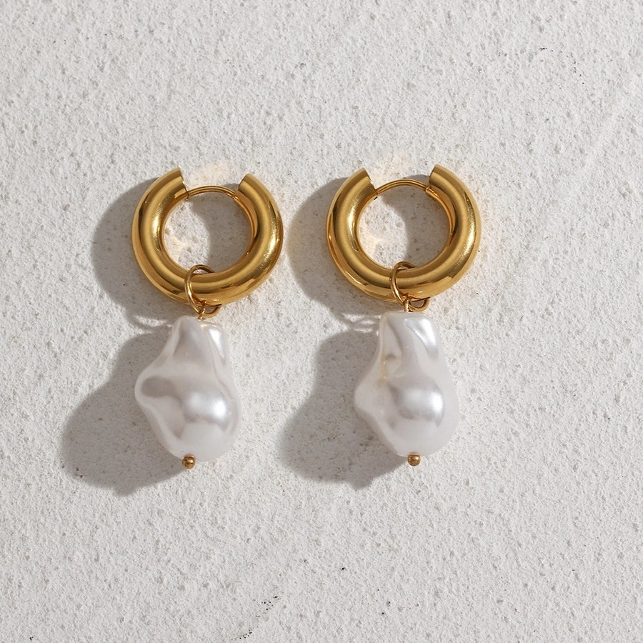 1 Pair Water Pearl Drop Earrings, Stainless Steel Artificial Pearl 18K Gold Plated